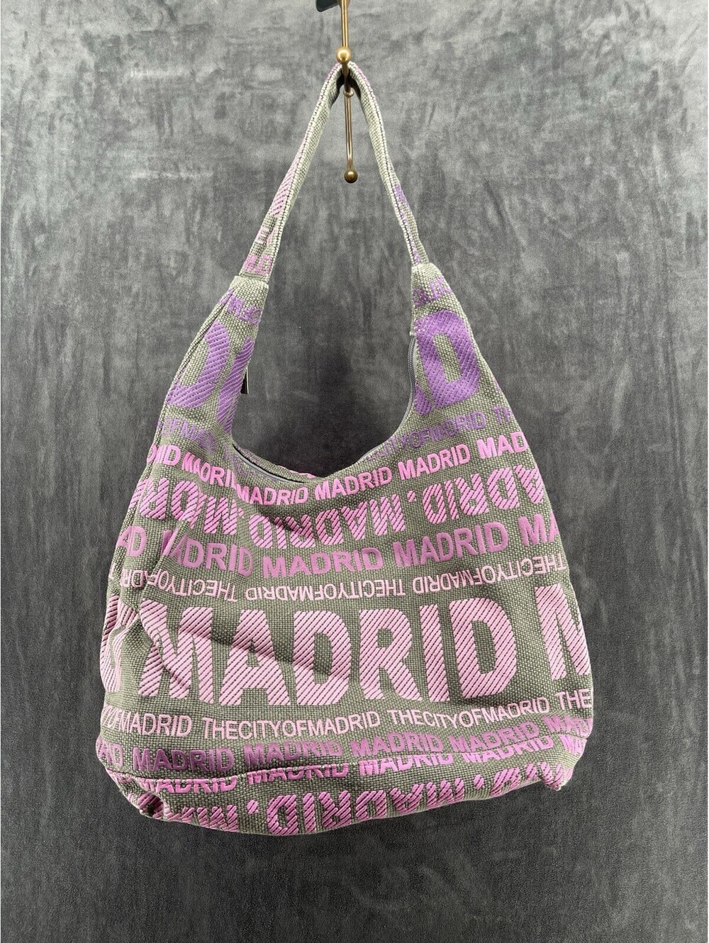 Robin Ruth Madrid Spain Canvas Hobo Shoulder Bag Travel Souvenir Gray Purple